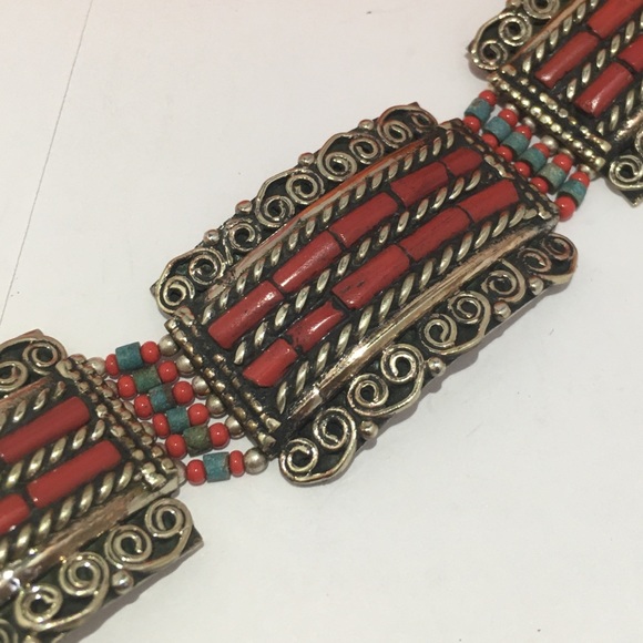 Red Coral Handmade Vintage Brass Turkish Bracelet - Picture 2 of 3